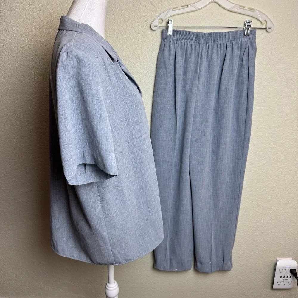 Vintage Briggs‎ Gray 2 Piece Pant Set Short Sleeve Button Up Casual Co-Ord S M